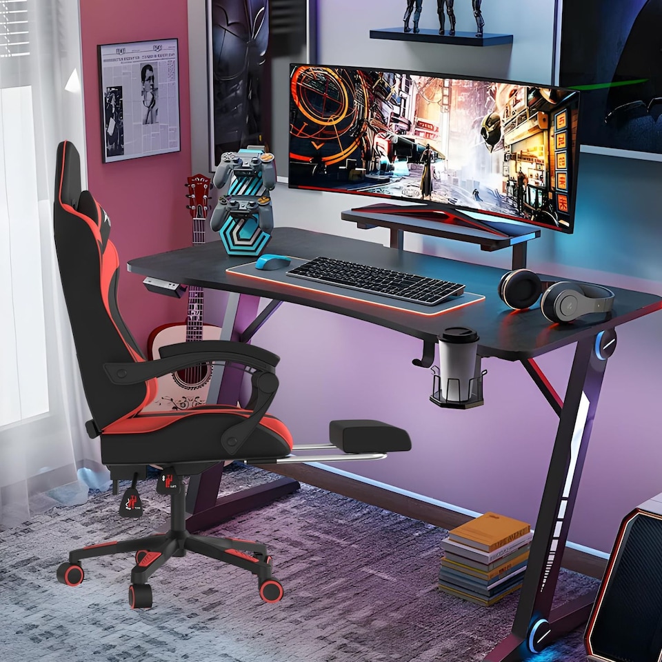image 1 of Alivio Ergonomic Gaming Chair with Massage Lumbar Cushion & Retractable Footrest, PU Leather Video Game Chair (Red)