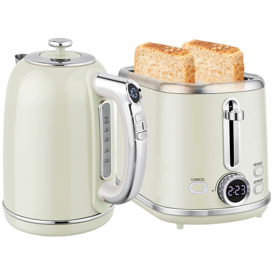 image 1 of HOMCOM Kettle and Toaster Set with LED Screen, 1.7L 3000W Retro Rapid Boil Jug Kettle with Keep Warm Memory Function, 2 Slice Toaster with 6 Browning Controls, Crumb Tray, Grey | Grey