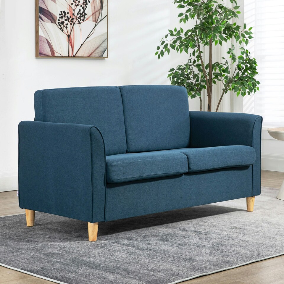 image 1 of HOMCOM Double Seat Sofa Linen Upholstery Loveseat Couch w/ Armrests, Blue