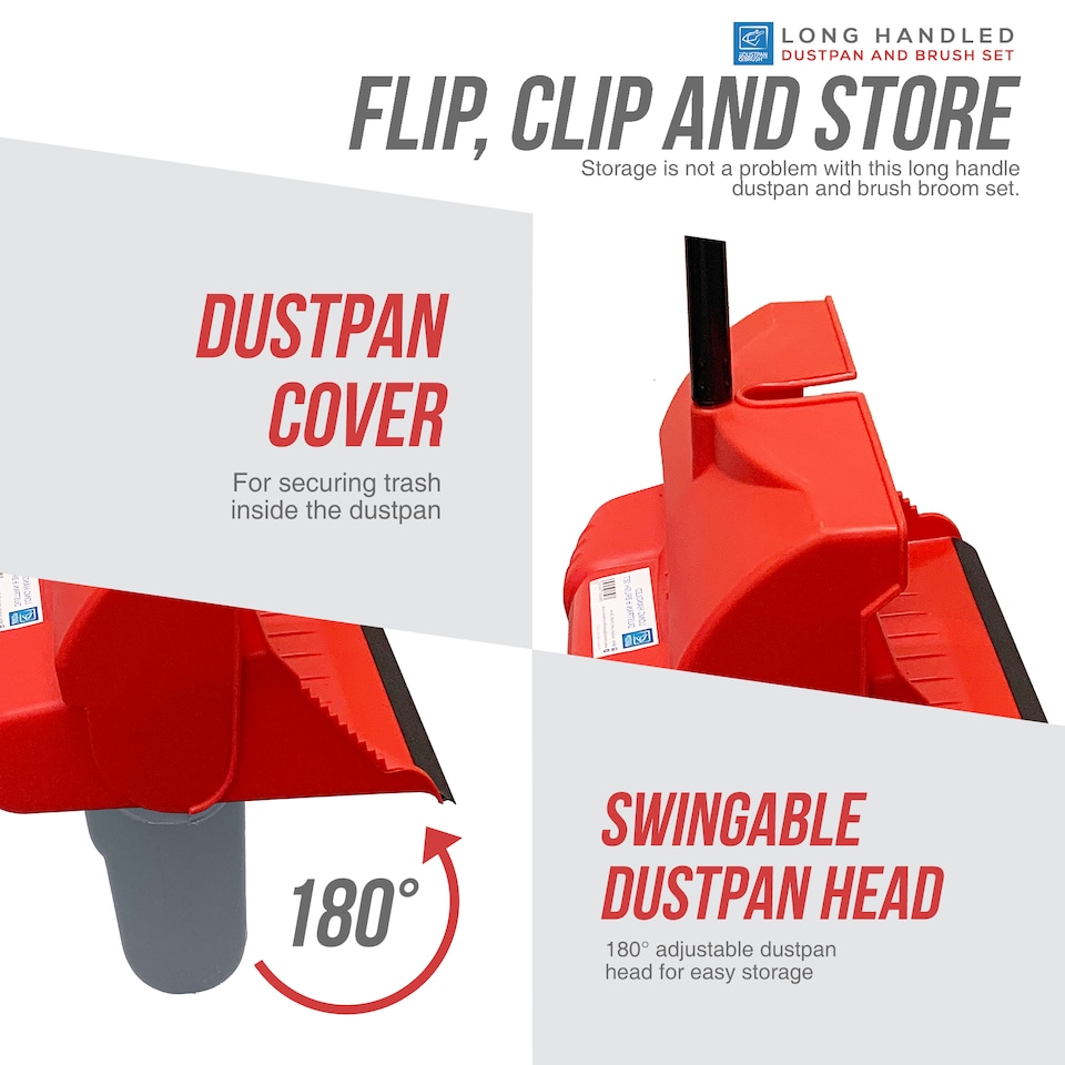 image 1 of Long Handled Dustpan and Brush Set Upright Sweeping Broom with Self Closing Lid