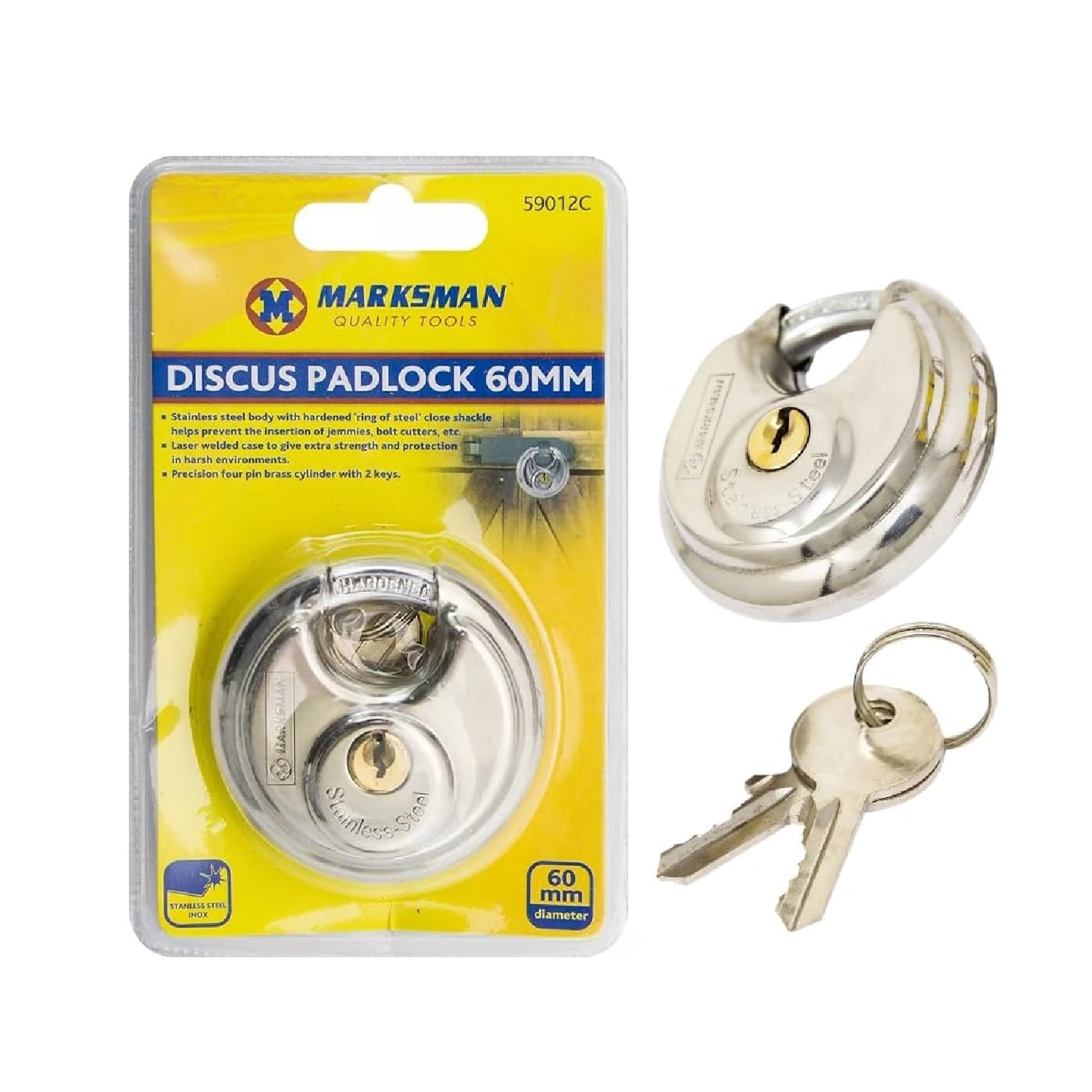 BARGAINS-GALORE 60mm Disc Stainless Steel Padlock 2 Keys Locking Round Heavy Duty Diy in Silver