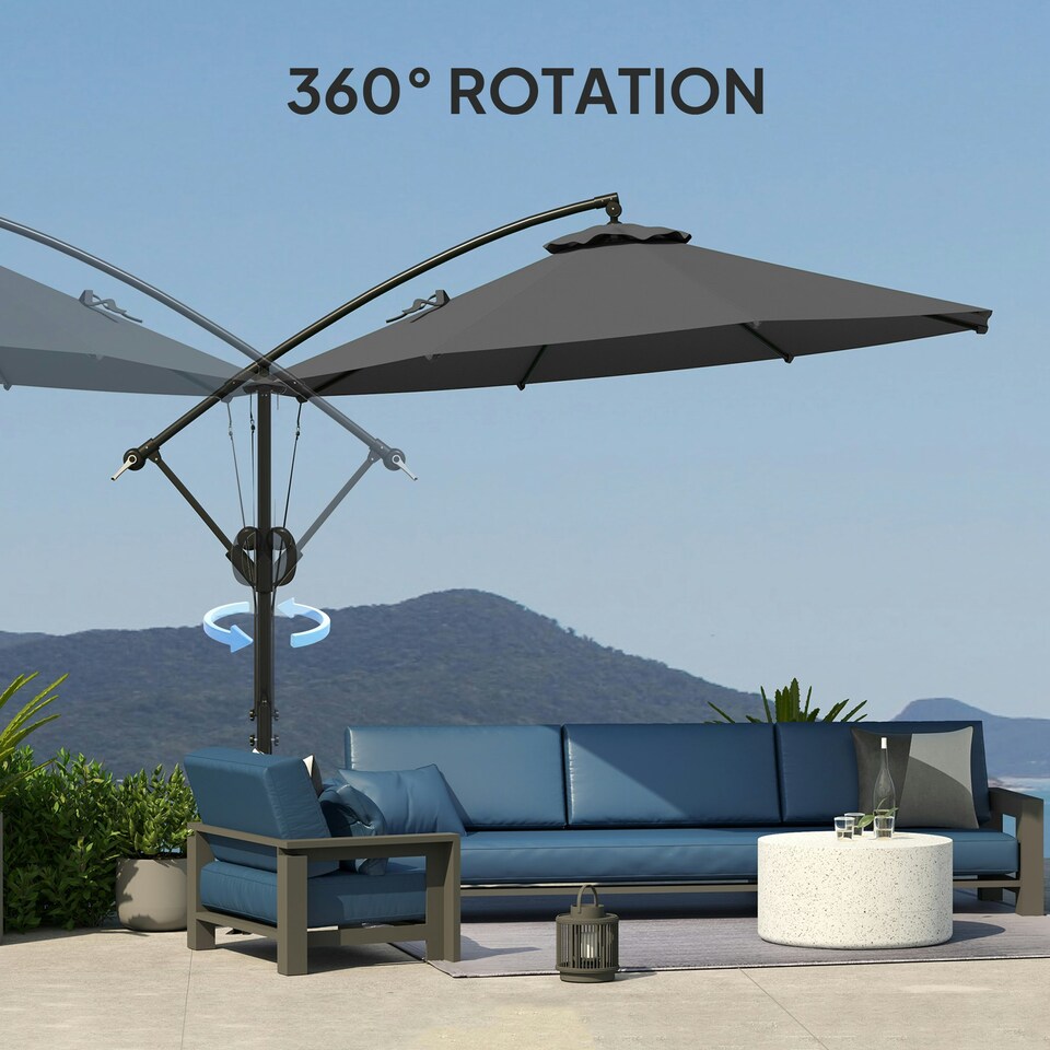 image 1 of Outsunny 3(m) Cantilever Banana Parasol with Cover Wind Strap UPF50+Grey