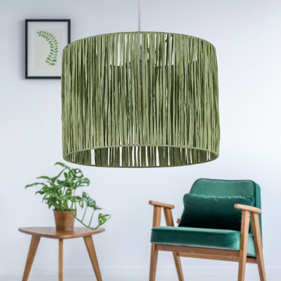 image 1 of Set of 2 Raffia - Green 28cm Straw Pendant or Lamp Shades | Green | Medium | 1