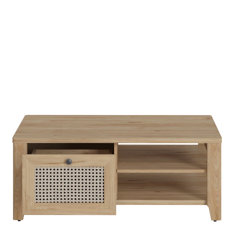 image 1 of Cestino Coffee Table with 1 Drawer in Jackson Hickory Oak and Rattan Effect