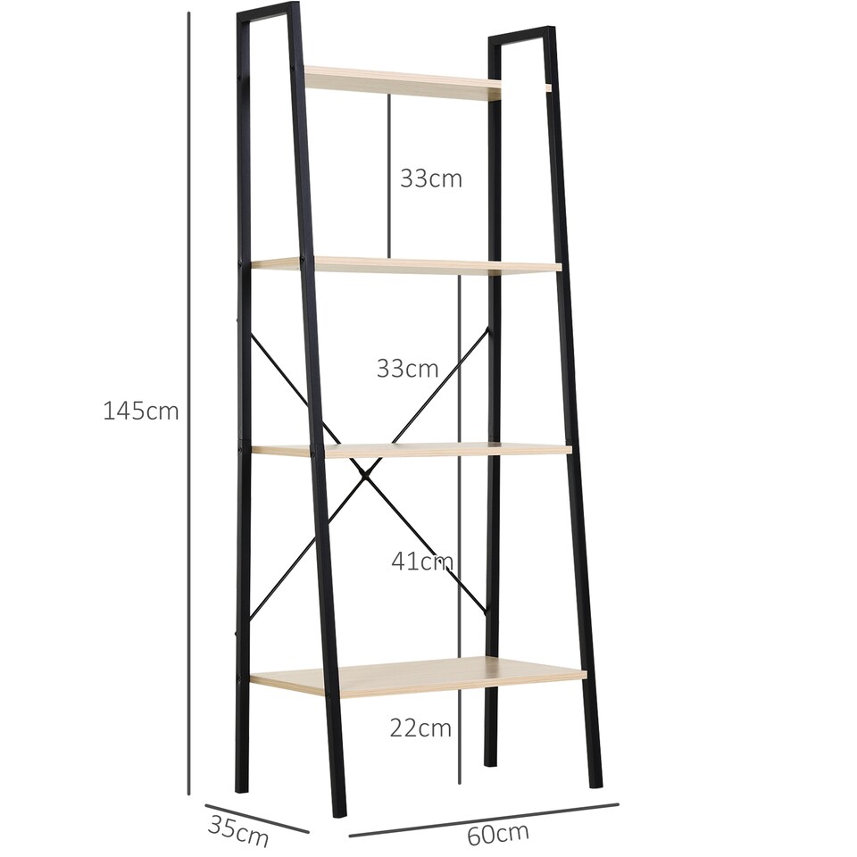image 1 of HOMCOM Ladder Shelf, Bookshelf, 4-Tier Industrial Storage Rack for Living Room, Bedroom, Kitchen, Oak and Black