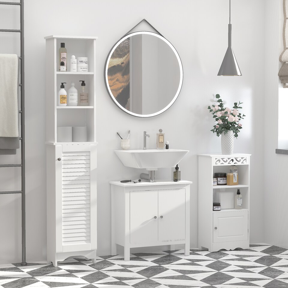 image 1 of HOMCOM Tall Bathroom Cabinet, Freestanding Slim Bathroom Storage Unit with Adjustable Shelves and Shutter Door, Floor Storage Cupboard with 6 Shelves, 165H x 34W x 20D cm, White