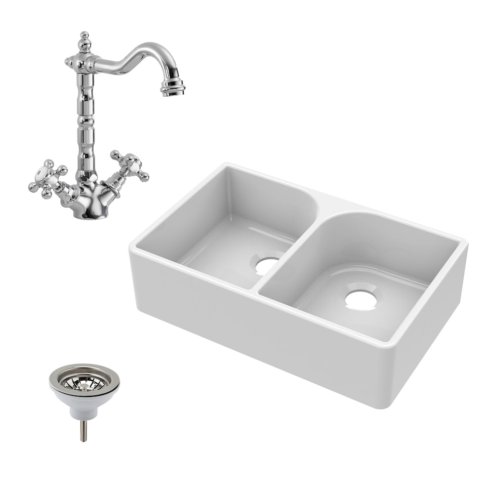 image 1 of 795mm - Fireclay Double Bowl Full Weir Butler Kitchen Sink -  Classic Tap  & Waste