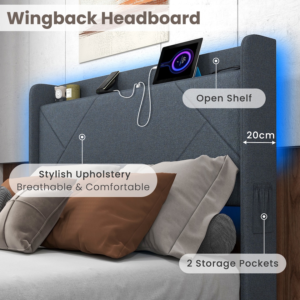 image 1 of COSTWAY Double Size Bed Frame with Lights and Charging Grey