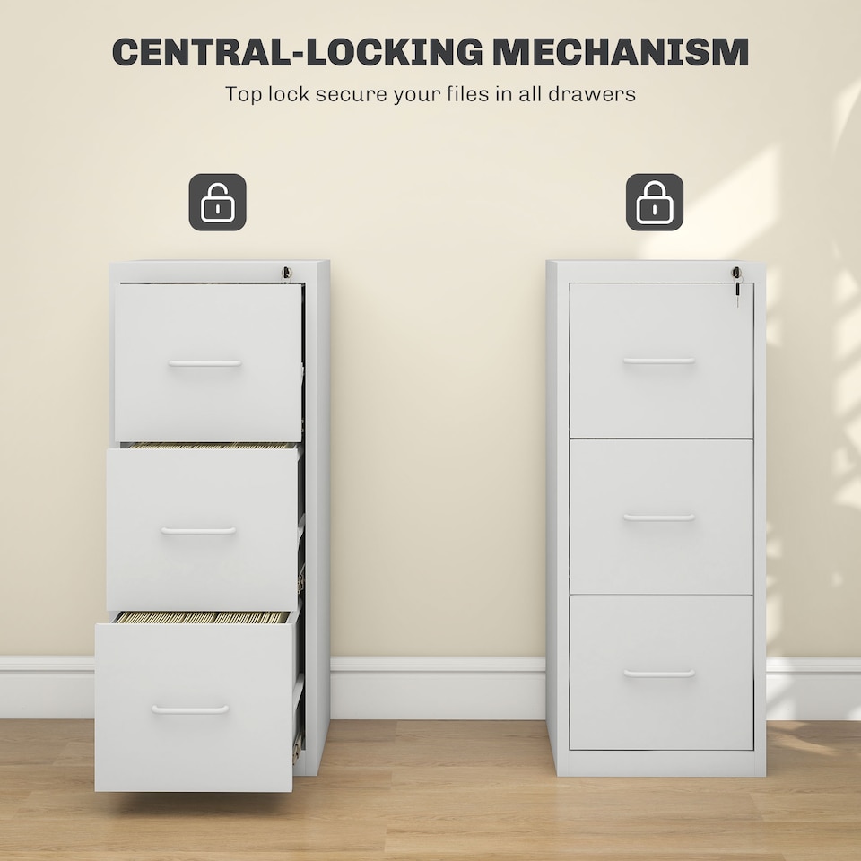 image 1 of HOMCOM 3 Drawer Filing Cabinet, Vertical File Cabinet with Adjustable Hanging Bar for A4 and Letter Size, Steel Printer Stand for Home Office, Cream White