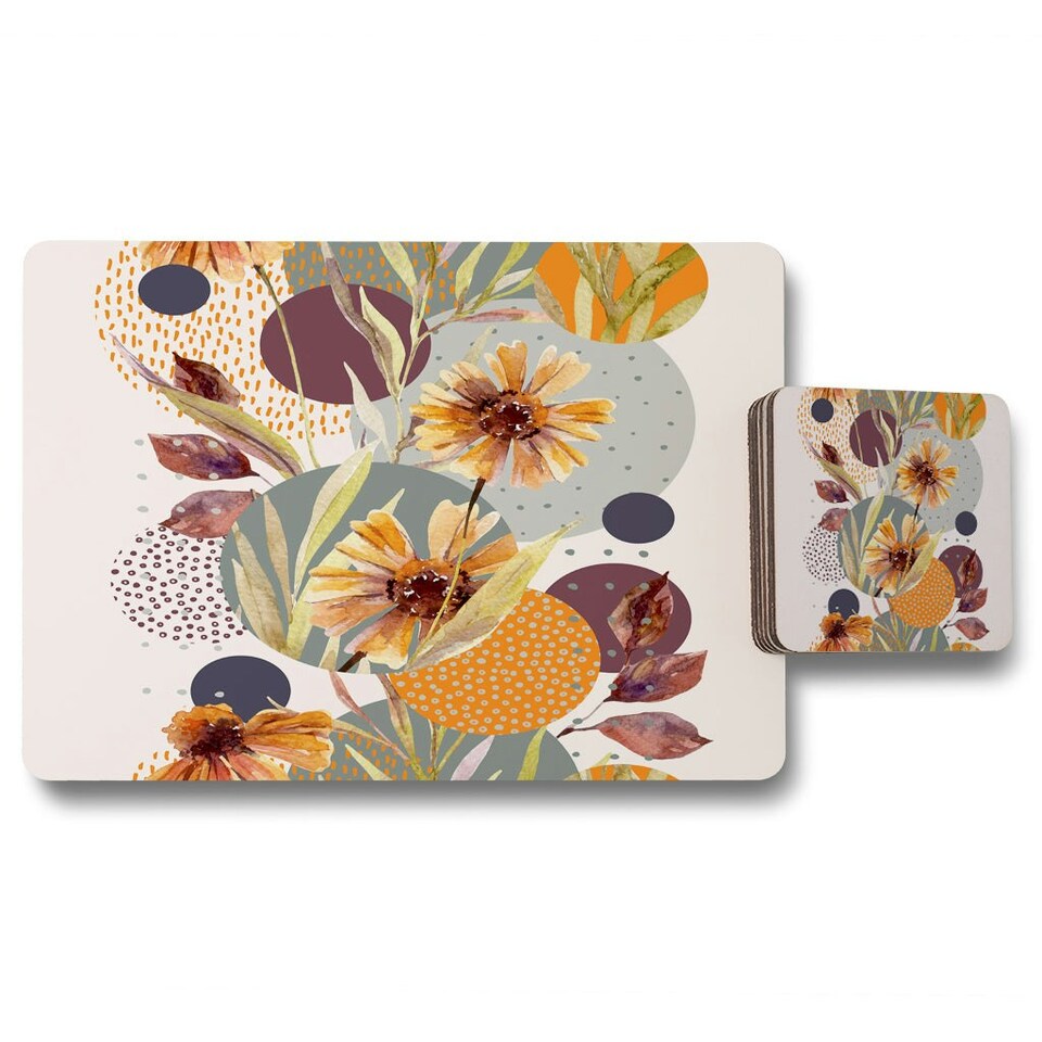 Orange Geometric With Flowers (Placemat & Coaster Set)