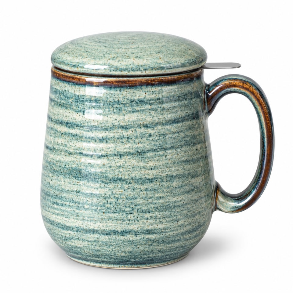 image 1 of Skandi Home 600ml Sea Green Reactive Glaze Ceramic Aska Infuser Mug with Lid