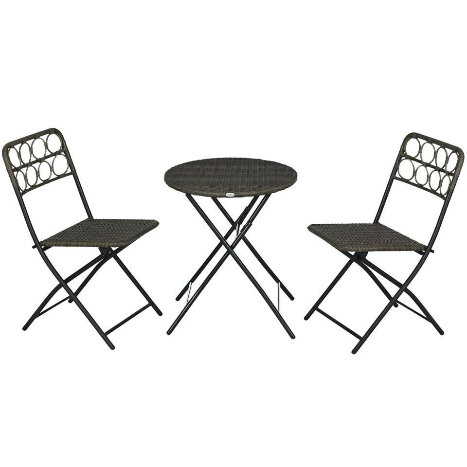 image 1 of Outsunny 3 Pieces Rattan Bistro Set, Wicker Folding Garden Furniture Set with Coffee Table and Chairs for Outdoor, Patio, Balcony, Grey