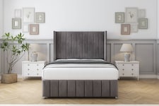 Sloomy Melbourne Slate Naples Divan Bed With Mattress No Drawers With 54" Wingback Headboard & 12" Matching Footboard 5' King | Grey | Slate | King | 1