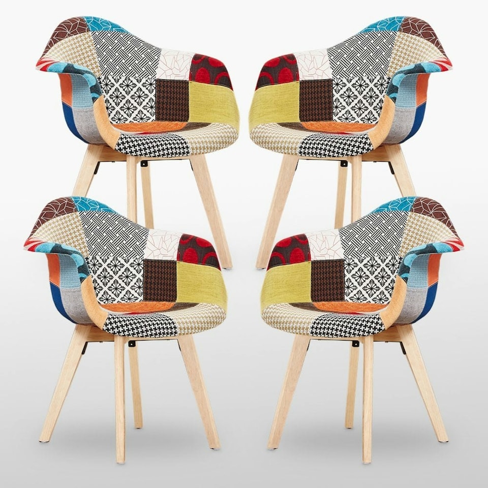 image 1 of Patchwork Halo Dining Set Includes a Black Dining Table & Set of 4 Fabric Chairs | Multi | Multicolor