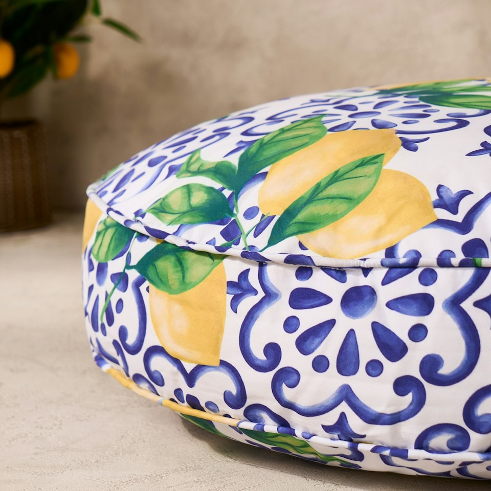 image 1 of OHS Lemons Outdoor Garden Patio Deck Large Plump Round Water Resistant Floor Plush Seat Cushion Blue | 60cm
