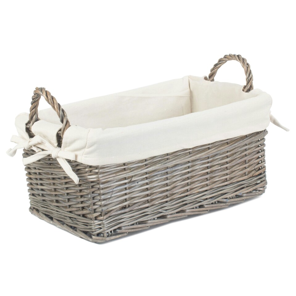 image 1 of Shallow Lined Antique Wash Storage Wicker Basket White | White | S