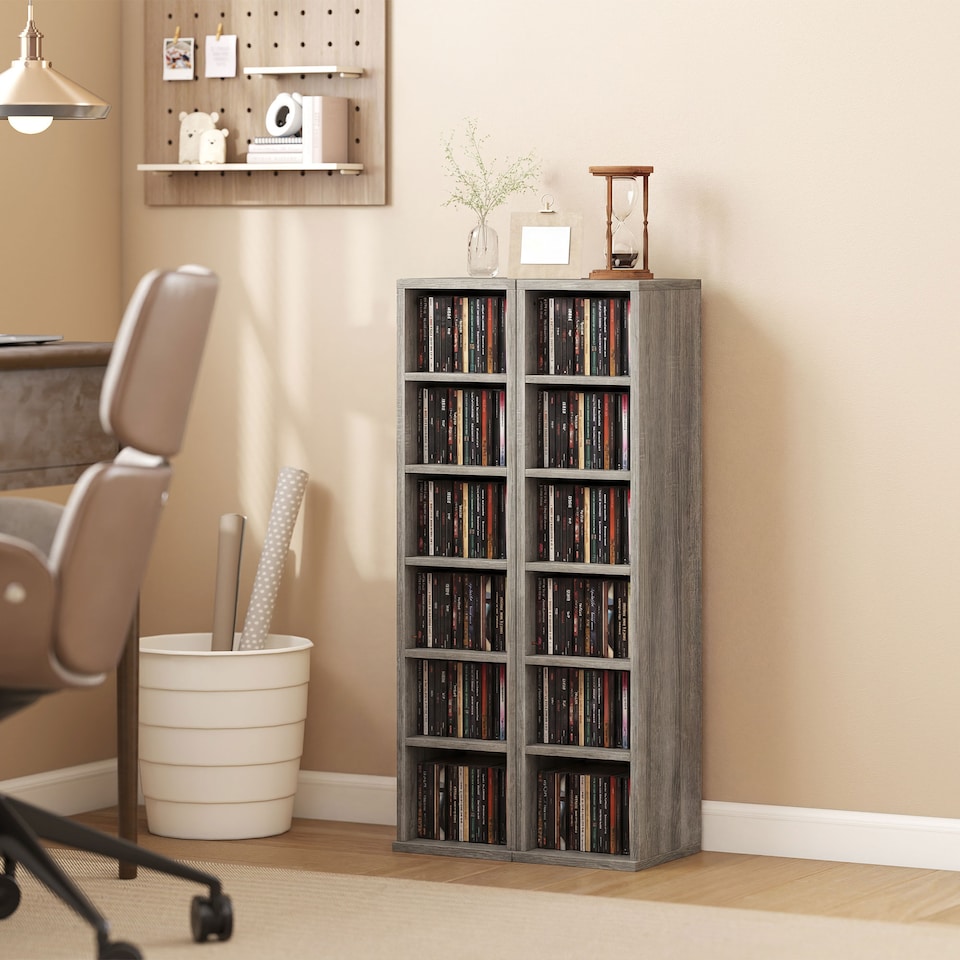 image 1 of HOMCOM Set of 2 CD Storage Units DVD Shelf with Adjustable Shelves | Grey | Distressed Grey | 21W x 22.5D x 88.5H cm