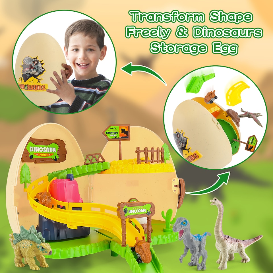 image 1 of 26-Piece Dinosaur EGG Toy Set – Dinosaurs, Slide Track, Mini Dino Car & Electric Volcano!