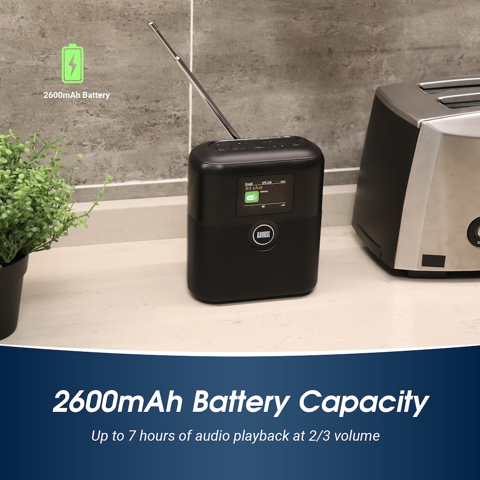 image 1 of Rechargeable Bluetooth Speaker with DAB/DAB+/FM Radio, Dual Alarm Clock, Colour LCD Screen for Bedside, Kitchen, Office, or Outdoors– August MB330B