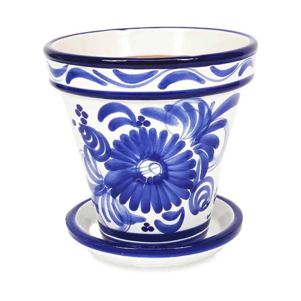 image 1 of Verano Spanish Ceramics Set of 3 Plant Pots & Drainage Plates - 16-29cm Blue Floral