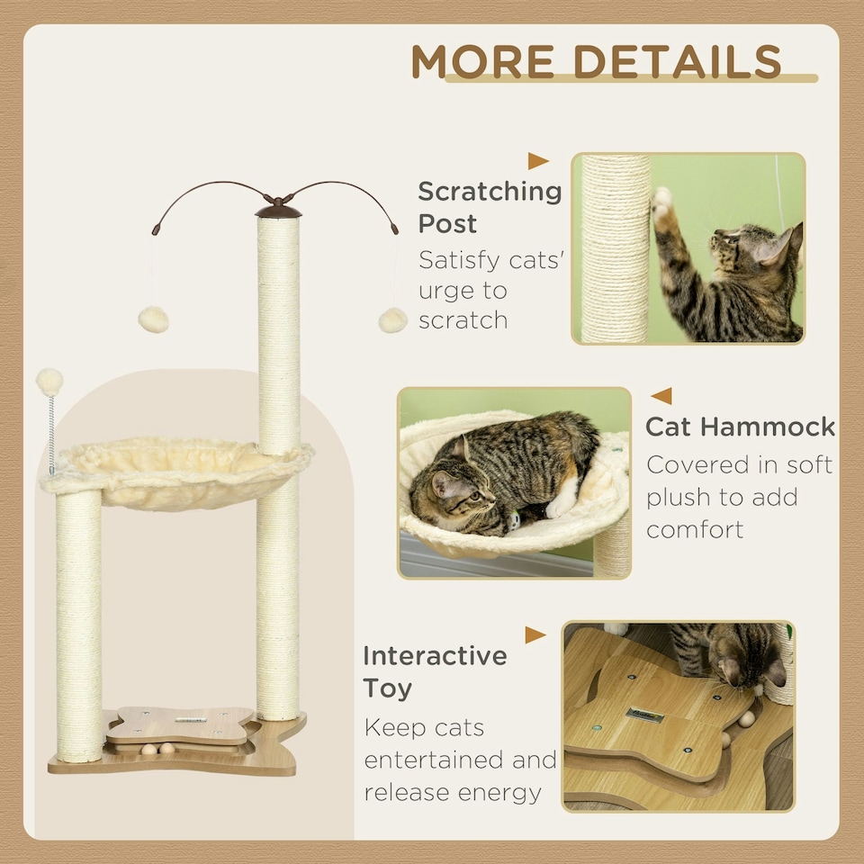 image 1 of PawHut 90cm Cat Tree Tower with Bed, Toy Ball, Scratching Post, Beige