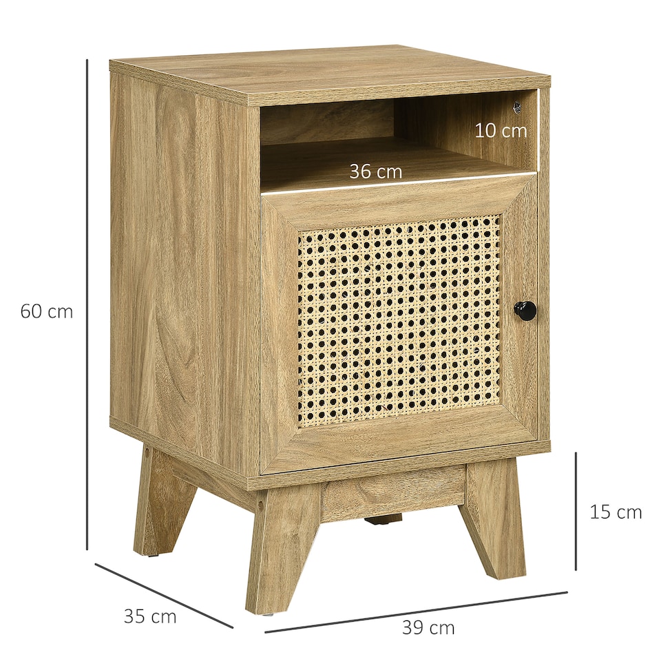 image 1 of HOMCOM Bedside Table Nightstand with Storage Shelf and Door Cupboard, Side End Table with  Rattan Element for Living Room, Bedroom, Natural