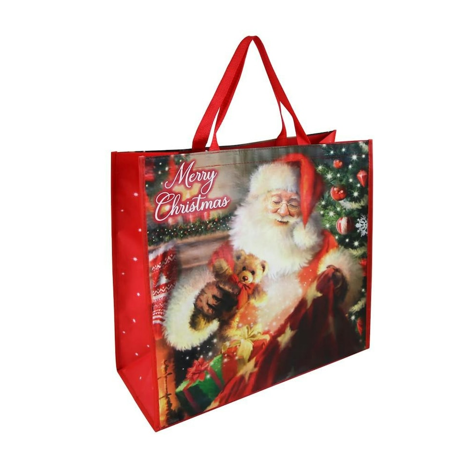 image 1 of Pack of 12 Traditional Santa Jumbo Square PP Woven Christmas Gift Bags