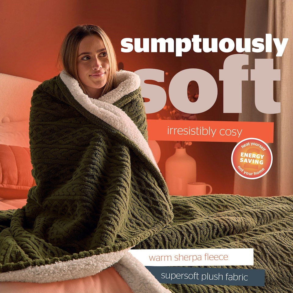 image 1 of Silentnight Heat Genie Self Heating Giant Blanket Green Cable Knit Green