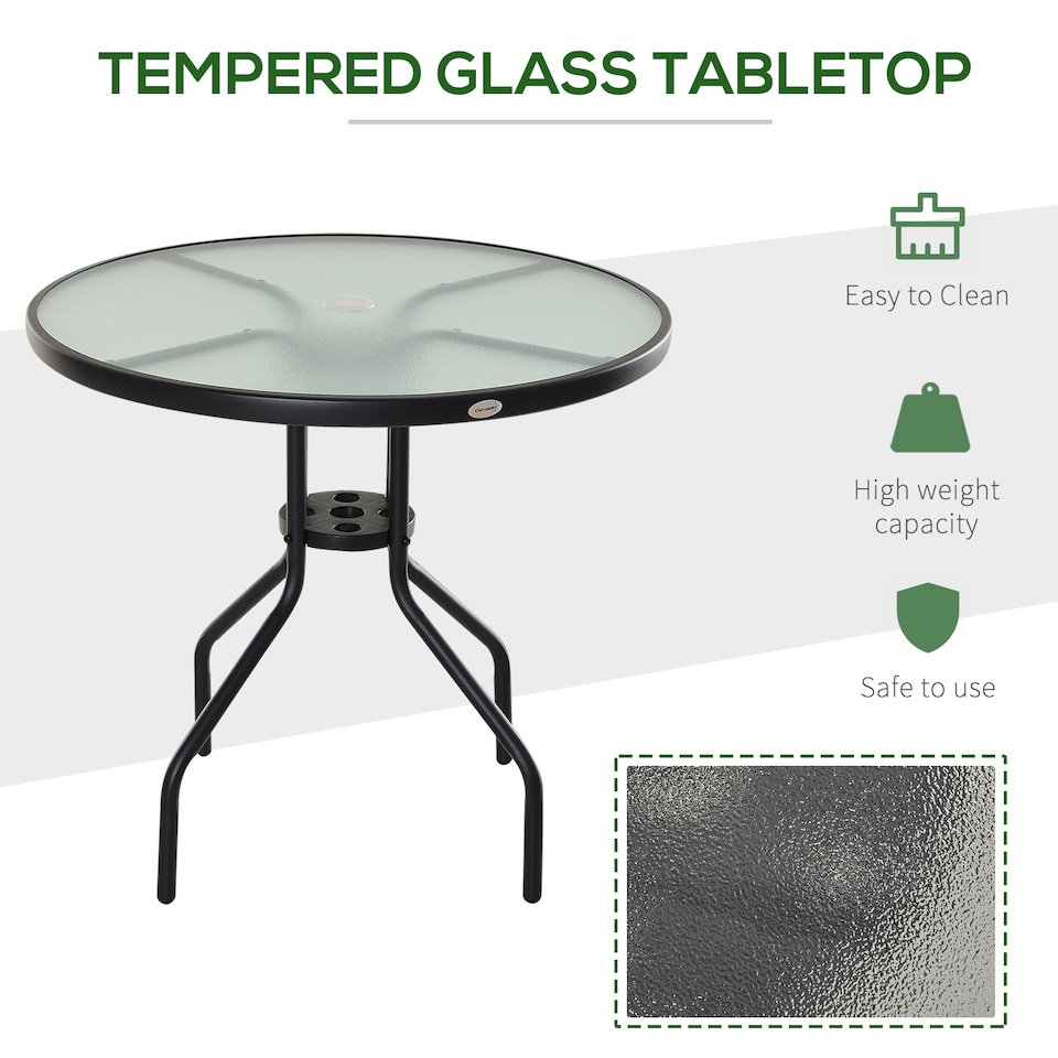image 1 of Outsunny 80 cm Round Garden Dining Table with Parasol Hole for 4, Outdoor Coffee Bistro End Side Table with Tempered Glass Top and Steel Frame for Patio, Porch, Black