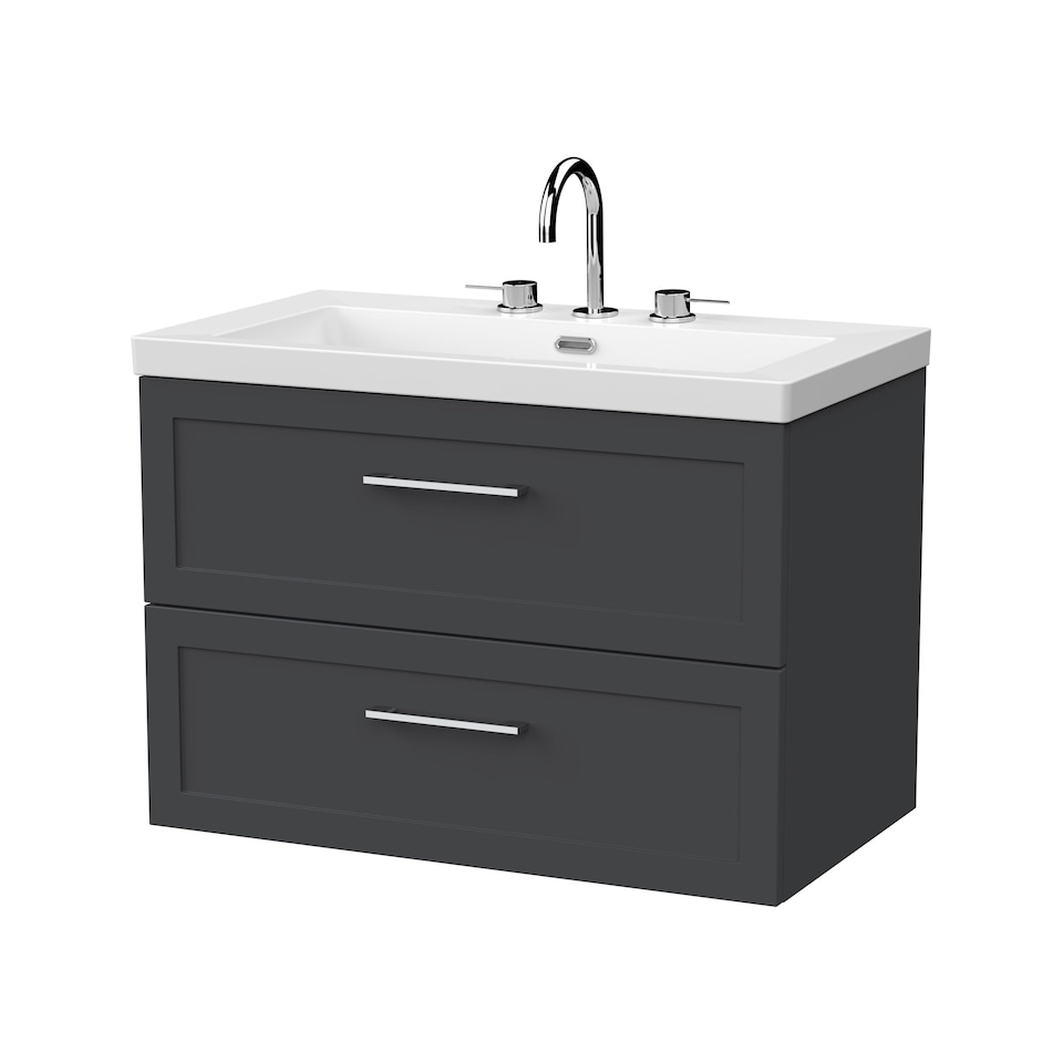 image 1 of Balterley Stonnall Traditional Wall Hung 2 Drawers Vanity Unit with 3 Tap Hole Fireclay Basin, 800mm, Dark Grey