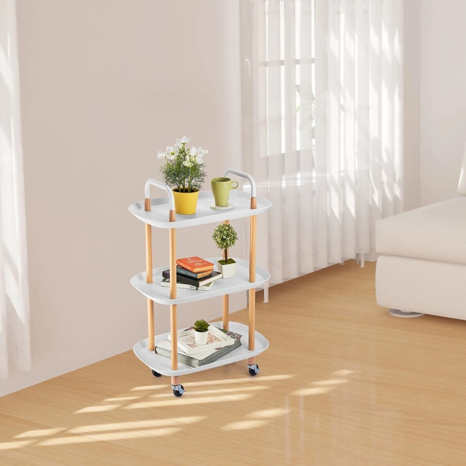image 1 of 3 Tier Beech Wood & Plastic Serving Storage Trolley Food Drinks Cart on Wheels | White | White | 3 Tier | 1