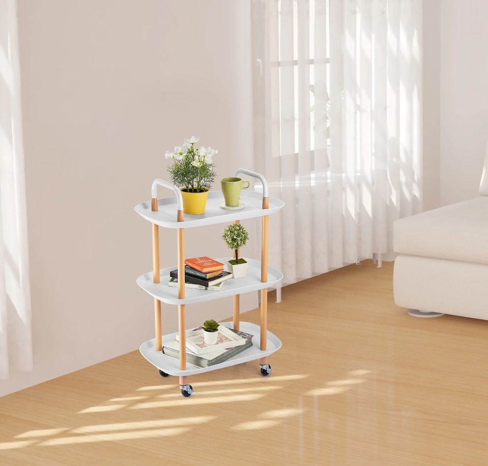 image 1 of 3 Tier Beech Wood & Plastic Serving Storage Trolley Food Drinks Cart on Wheels | White | White | 3 Tier | 1
