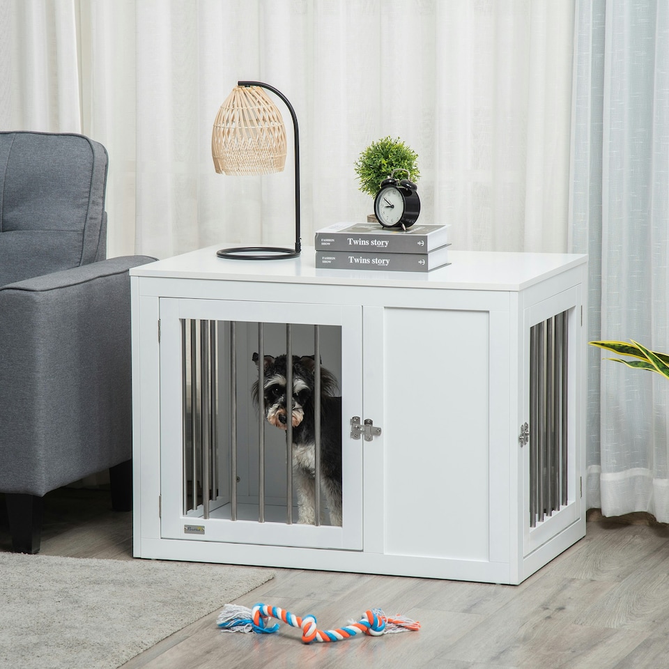 image 1 of PawHut Furniture-Style Dog Crate End Table w/ 2 Doors, for Medium Dogs