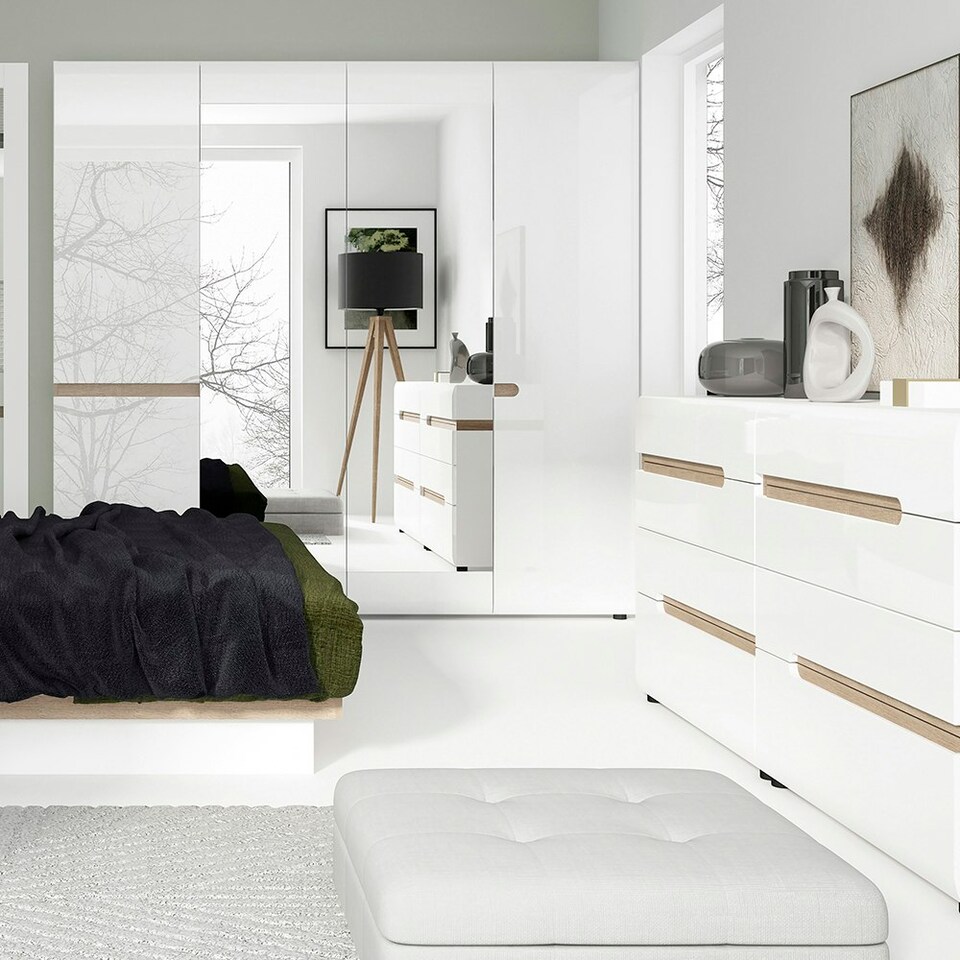 image 1 of Chelsea Bedroom 4 Door Wardrobe with Mirrors in White with a Truffle Oak Trim
