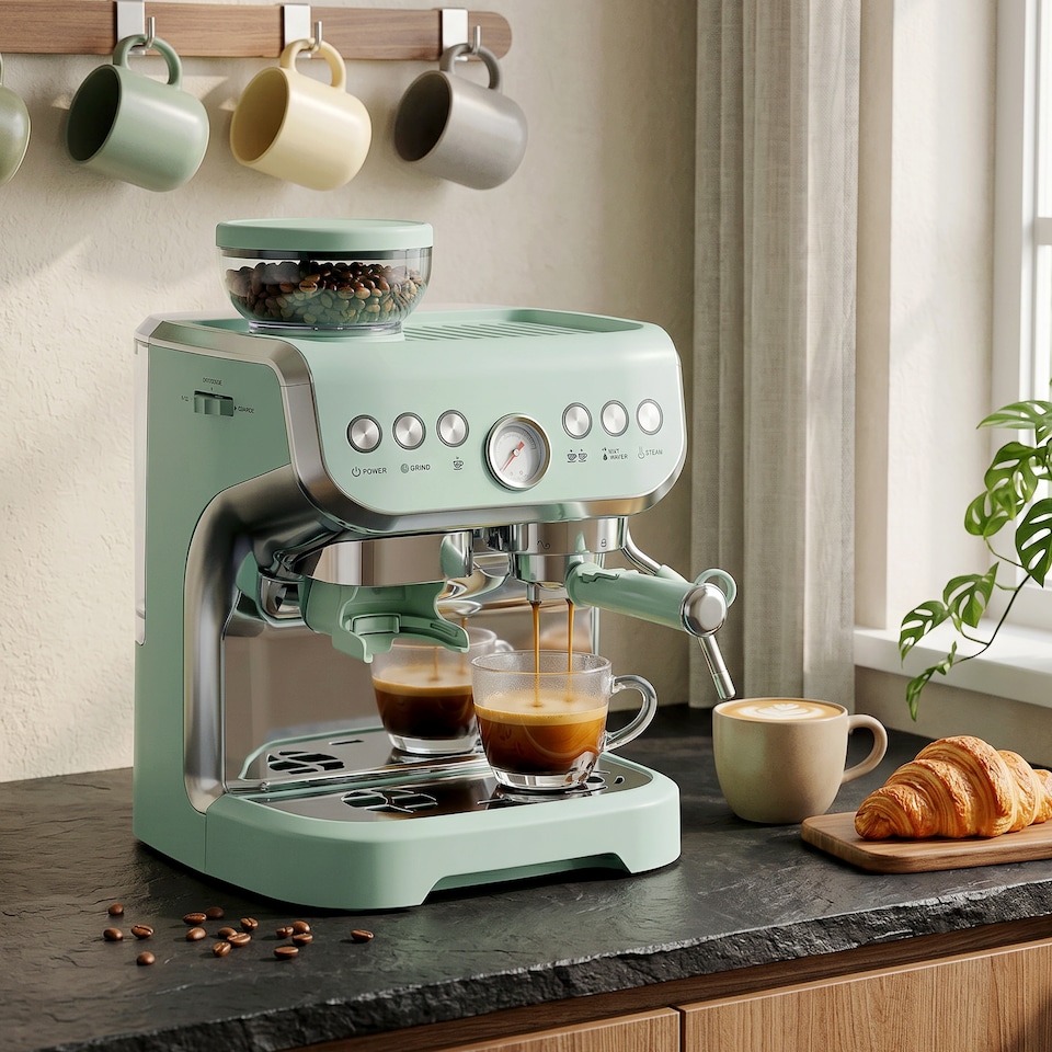 image 1 of HOMCOM Espresso Machine, Bean Grinder & Steam Wand, 15 Bar Pressure