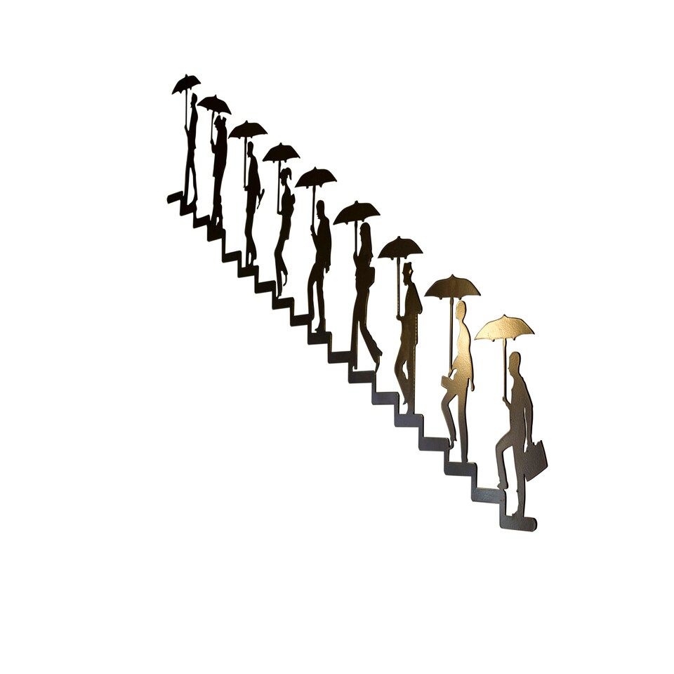 image 1 of Urban Journey Metal Wall Art | Figures Climbing Stairs with Umbrellas | Modern Silhouette Decor for Indoor & Outdoor Use Right to Left Orientation