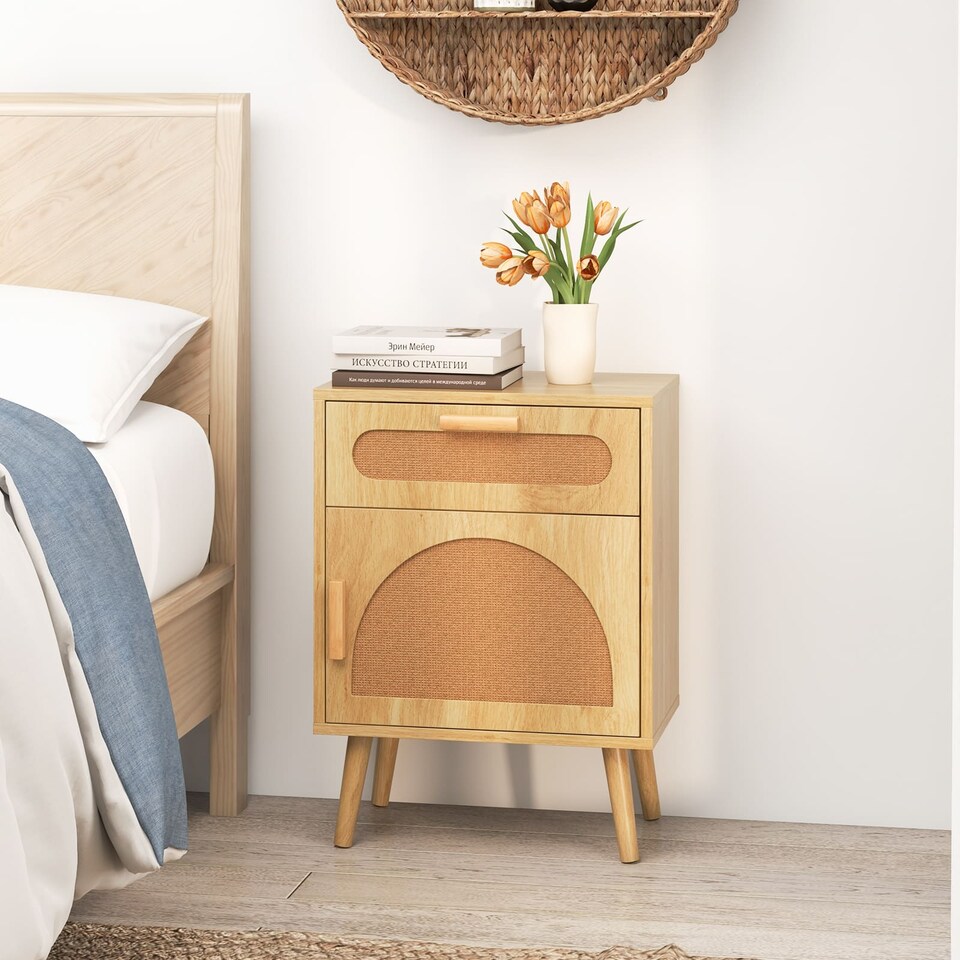 image 1 of COSTWAY Rattan Nightstand with Rattan-decorated Door Yellow