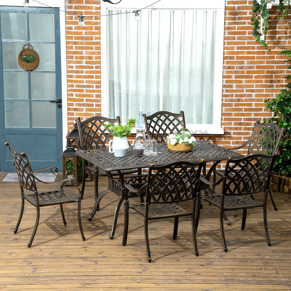 image 1 of Outsunny 7-PC Cast Aluminum Patio Dining Set w/ Umbrella Hole & Cushion, Bronze | Bronze | Bronze tone, Khaki | Table: 150x90x72.5cm, Chair: 62x65x91cm