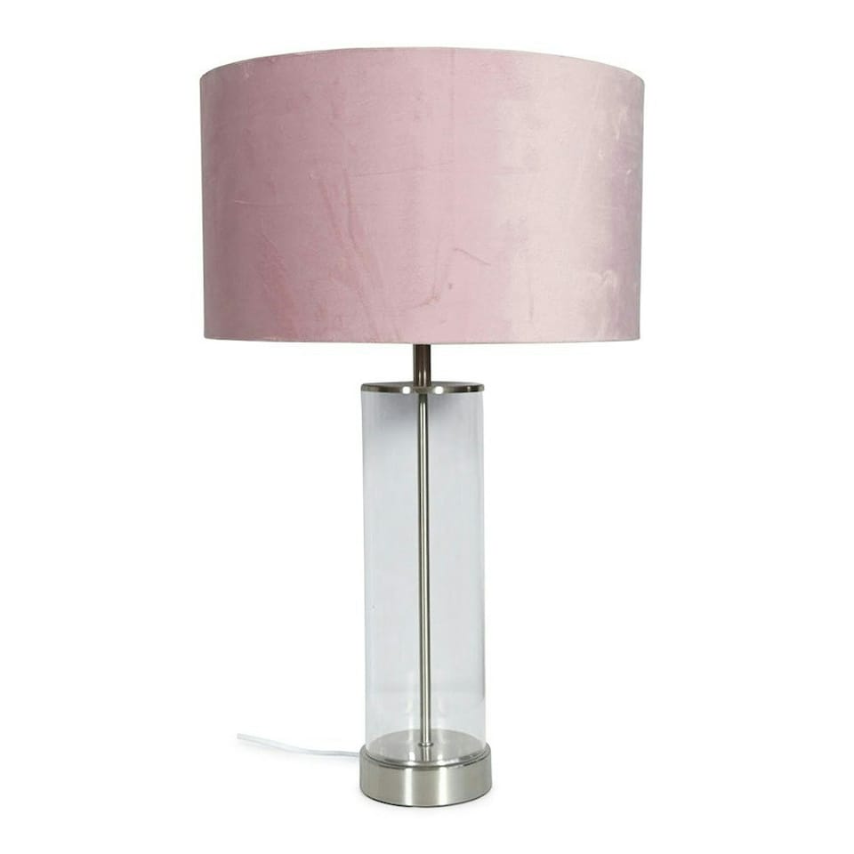 image 1 of ValueLights Clear Tube and Brushed Chrome Metal Bedside Table Lamp with a Blush Pink Velvet Shade
