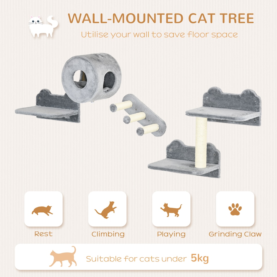 image 1 of PawHut 4PCs Wall Mounted Cat Tree, Cat Wall Furniture with Platforms, Steps, Scratching Post, Perch, Kitty House for Indoor Kittens - Grey