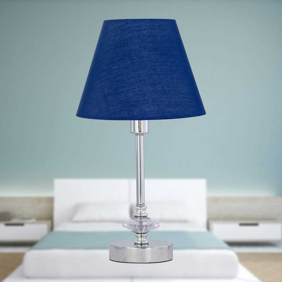 image 1 of Set of 2 Chrome Jewelled Table Lamps with Navy Blue Shades Chrome | Blue