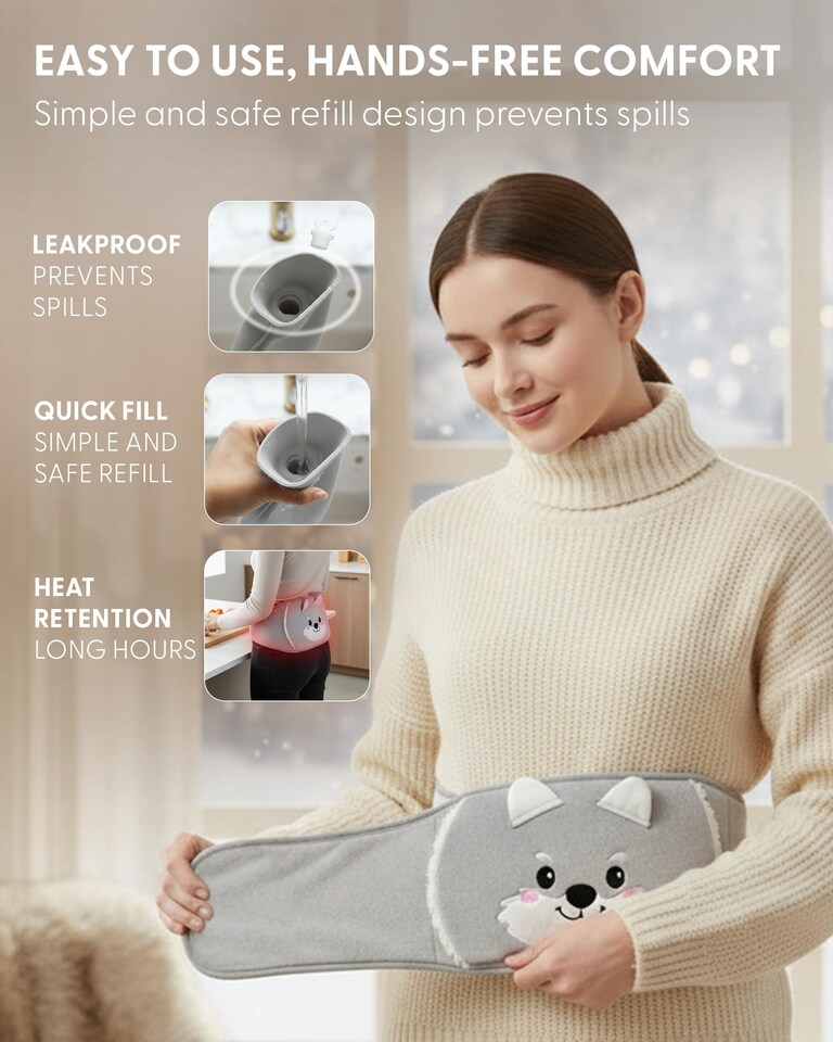 image 1 of Keplin 2L Hot Water Bottle with Plush Waist Belt Cover Natural Rubber