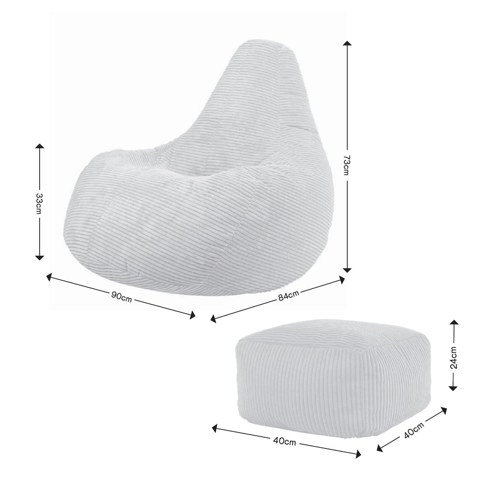 image 1 of icon Dalton Cord Adults Bean Bag Recliner and Pouffe, Ready Filled Beanbag and Footstool Grey Grey | Grey