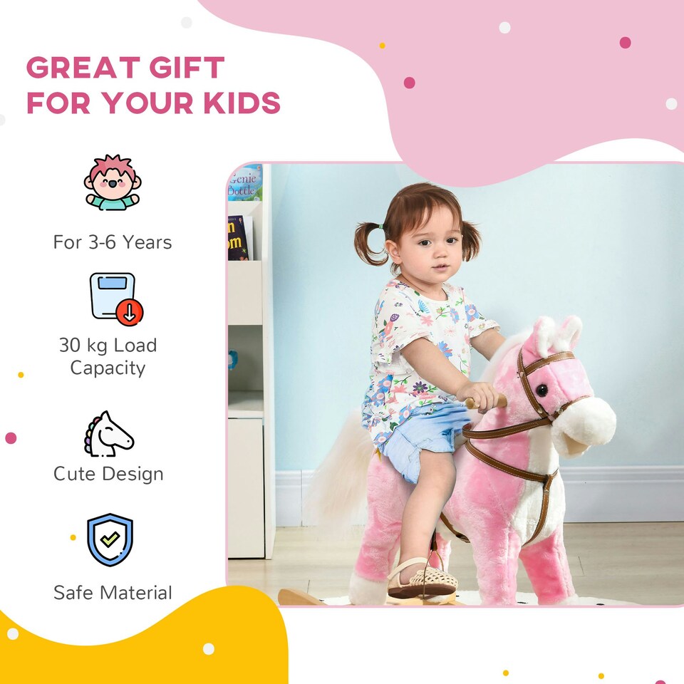 image 1 of HOMCOM Wooden Ride on Horse, Ride on Pony Gift for Ages 3-6 Years - Pink