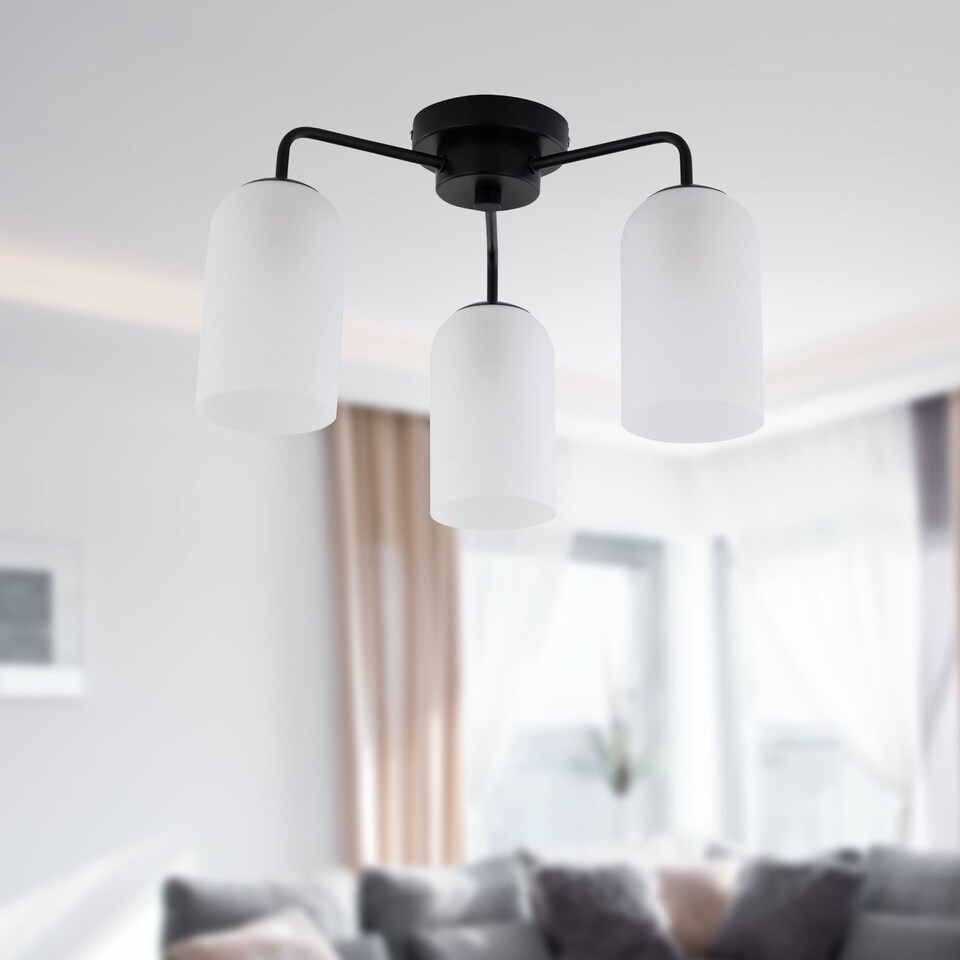 image 1 of Victoria - Black Semi Flush Ceiling Light with Frosted Glass Shade | Black | White | 1