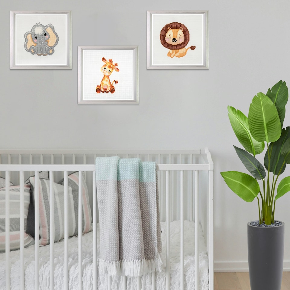 image 1 of Trimits 3Pk Cross Stitch Bundle - Giraffe, Elephant, Lion, 13x13cm Beginner Kits, Complete with Threads & Instructions