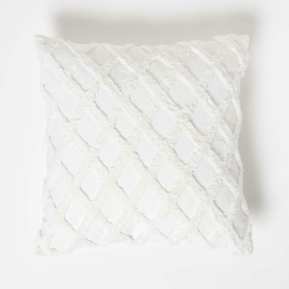 image 1 of Homescapes Geometric Diamond White Tufted Cotton Cushion - 45 x 45 cm | White | 1