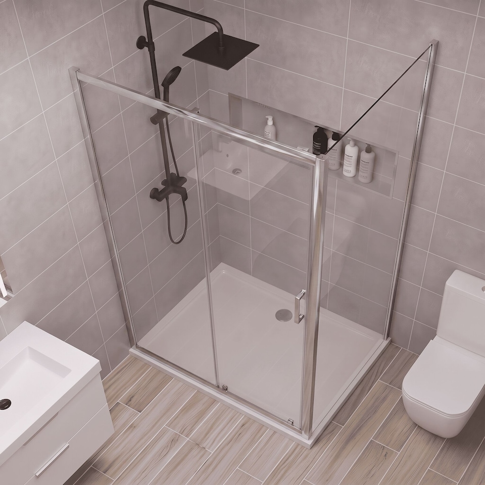 image 1 of Balterley Toughened Safety Glass Reversible Sliding Shower Door | Silver | Chrome | 1