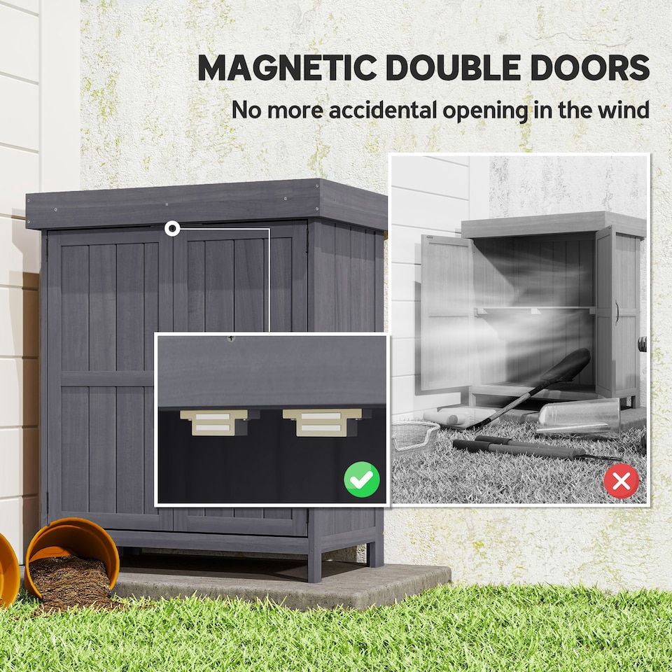 image 1 of Outsunny Small Shed, Wooden Garden Shed with Openable Hinged Roof and Removable Shelf, Outdoor Tool Storage Cabinet Chest with Double Doors, 74 x 43 x 88 cm, Grey