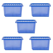 Wham Crystal 5 x 28L Stackable Plastic Storage Boxes with Lids Blue